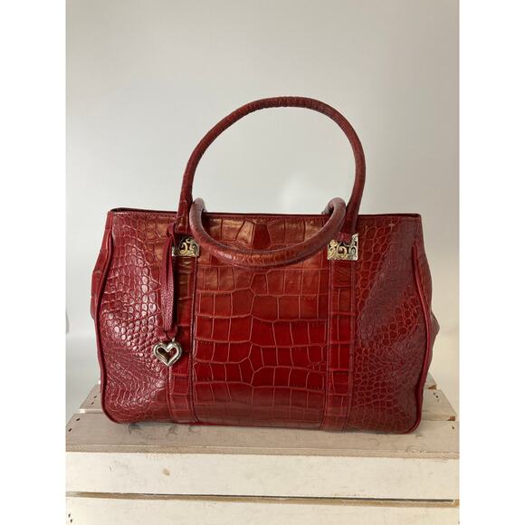 BRIGHTON F352136 RED LEATHER EMBOSSED ANIMAL PRINT HANDBAG - Picture 1 of 16
